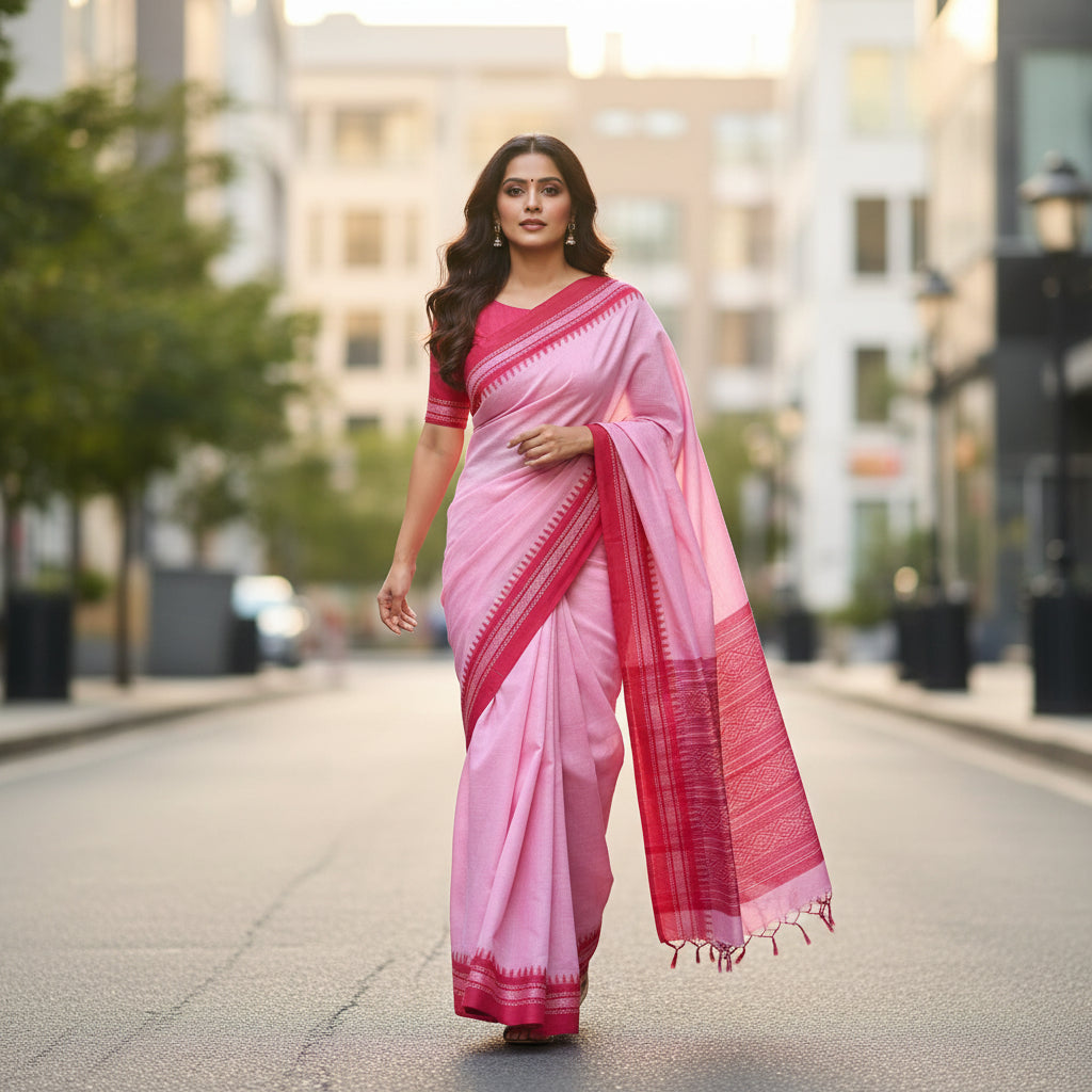 Pink Cotton Office Wear Saree - Soft Floral Border