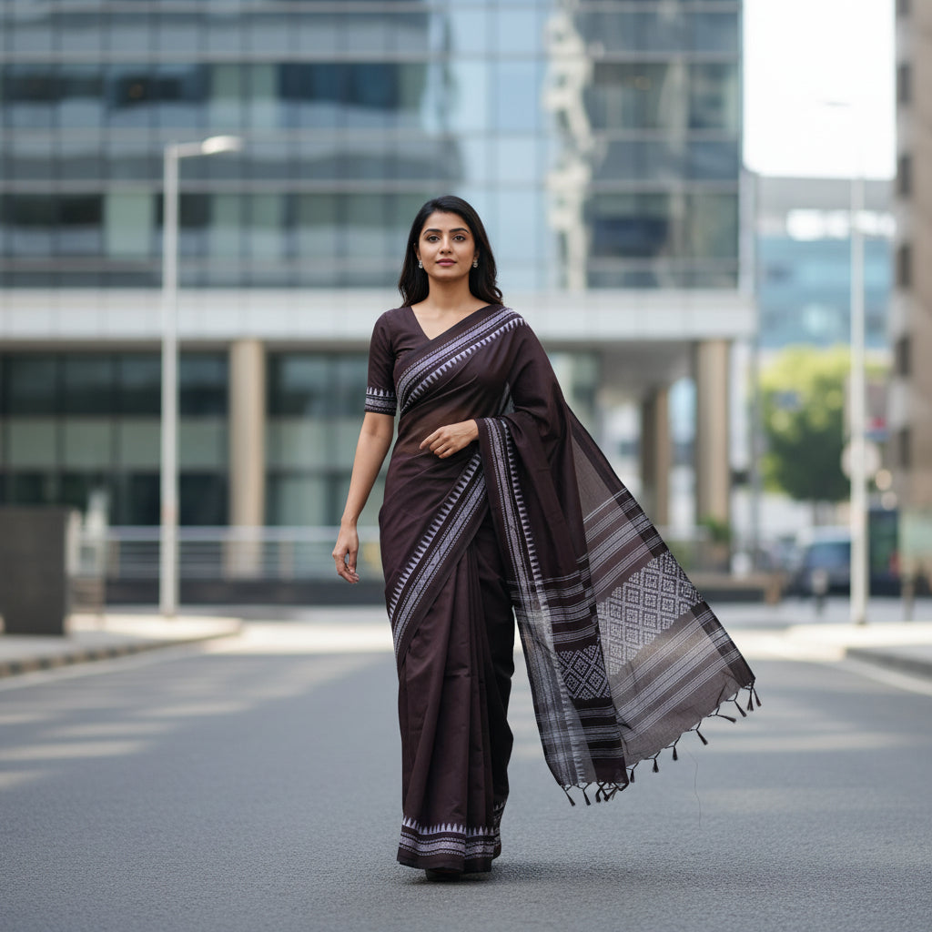 Dark Burgundy Cotton Office Wear Saree - Soft Floral Border
