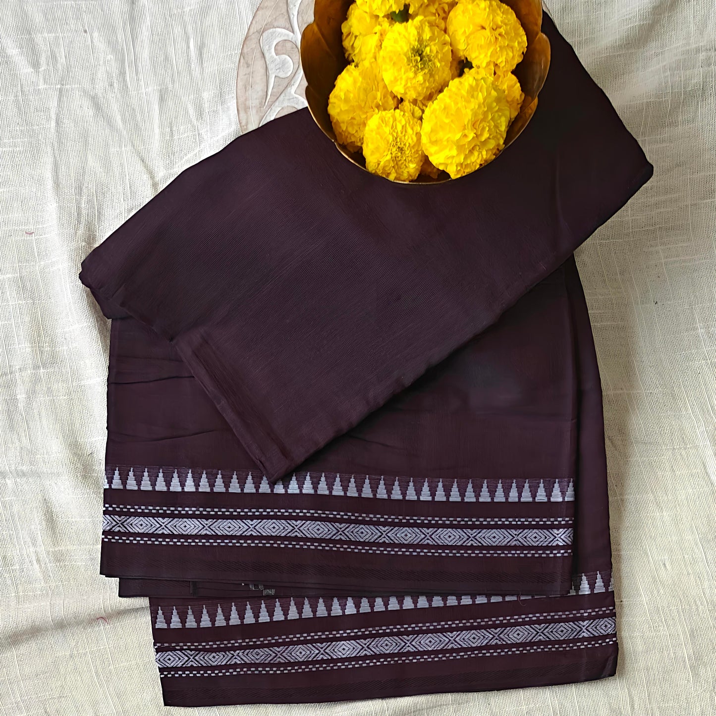 Dark Burgundy Cotton Office Wear Saree - Soft Floral Border