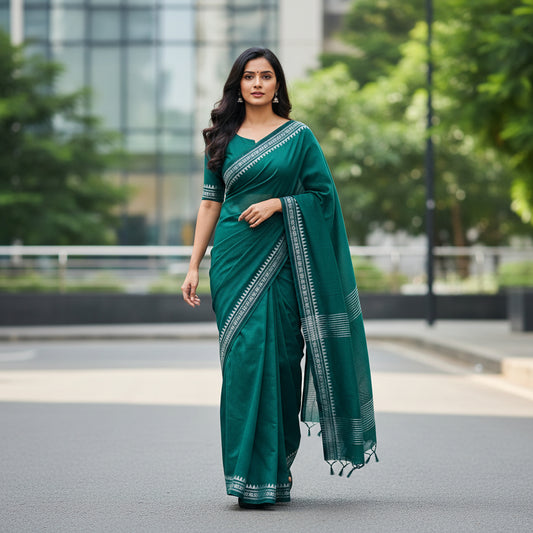 Green Cotton Office Wear Saree - Soft Floral Border