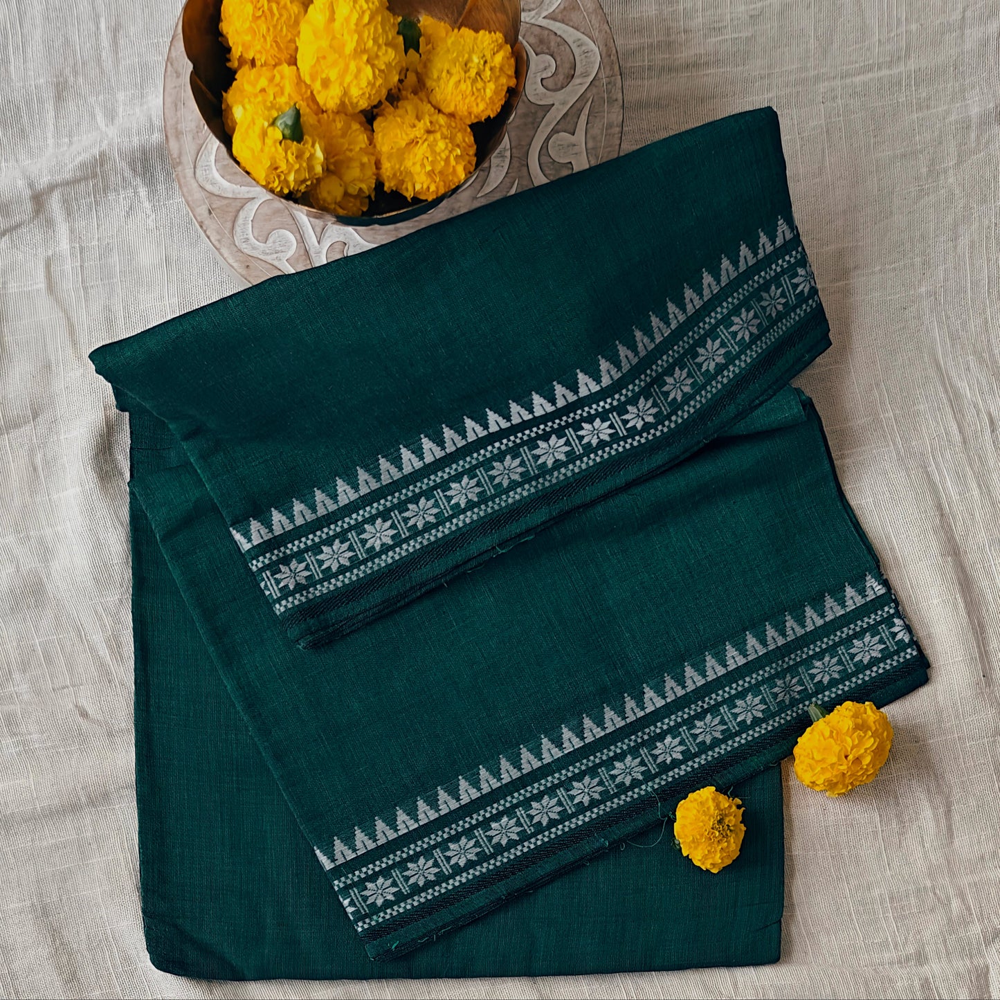 Green Cotton Office Wear Saree - Soft Floral Border