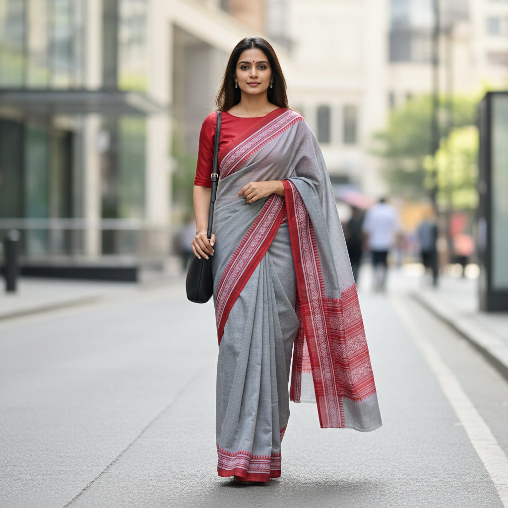 Grey Cotton Office Wear Saree - Soft Floral Border