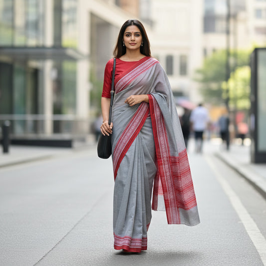 Grey Cotton Office Wear Saree - Soft Floral Border