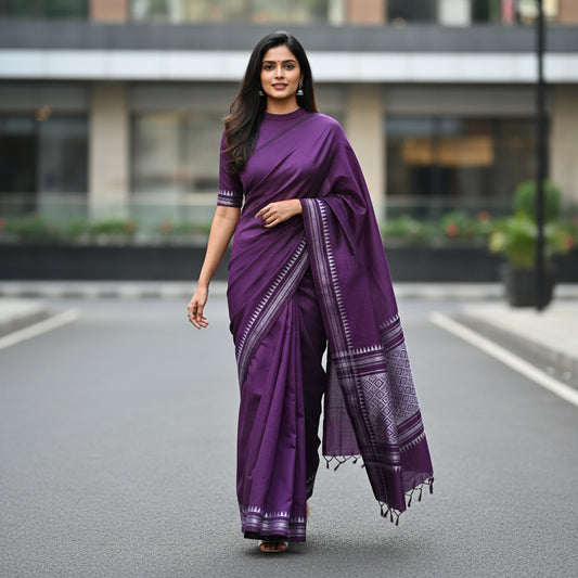 Purple Cotton Office Wear Saree - Soft Floral Border