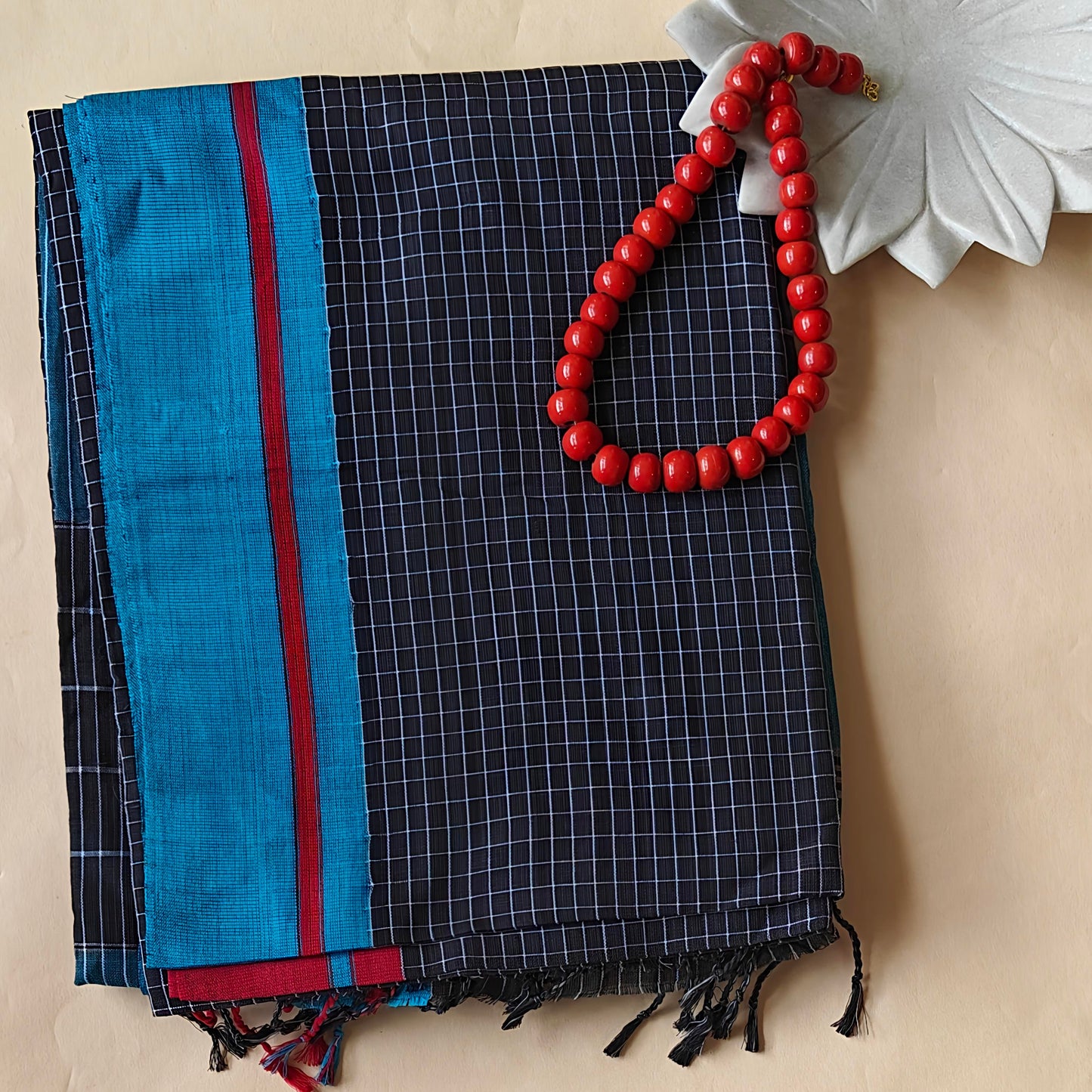 Black-Blue Cotton Check Workwear Saree