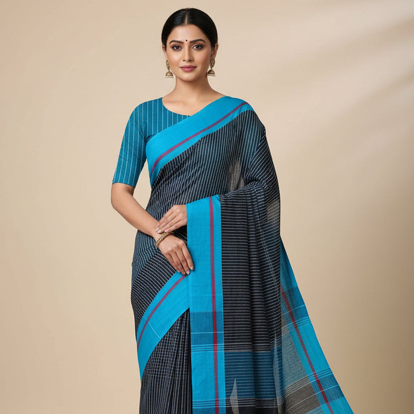 Black-Blue Cotton Check Workwear Saree