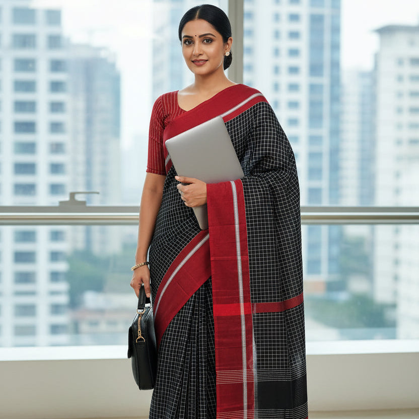 Black-Red Cotton Check Workwear Saree