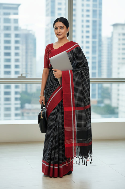 Black Checks Khadi Cotton Saree