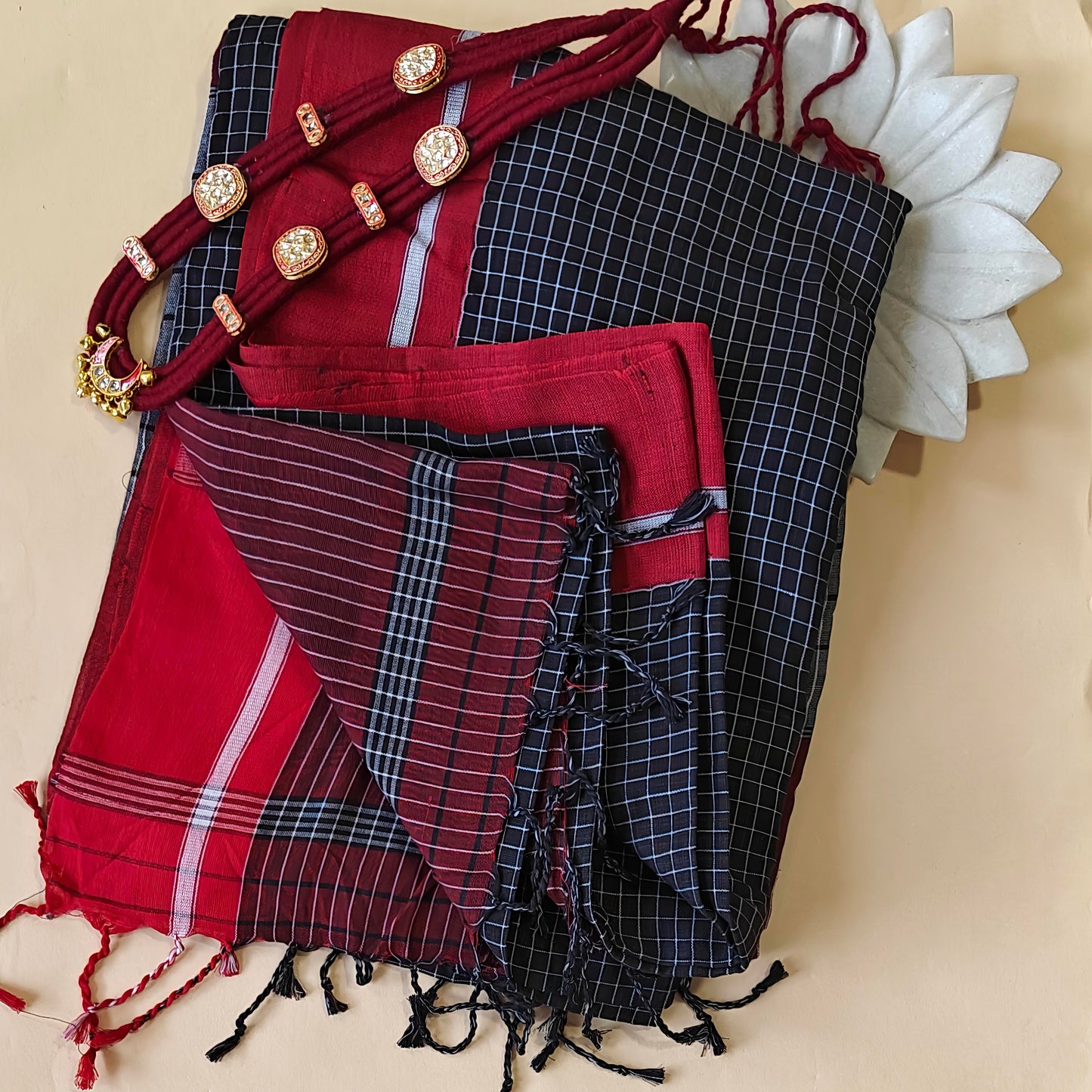 Black-Red Cotton Check Workwear Saree