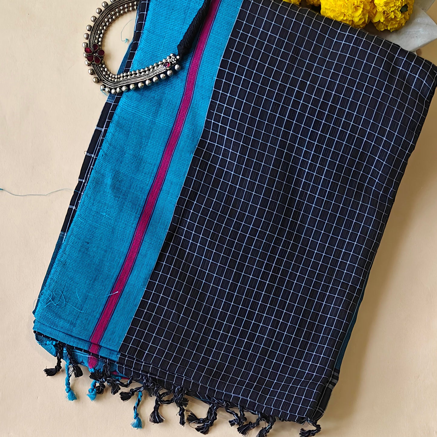 Black-Blue Cotton Check Workwear Saree