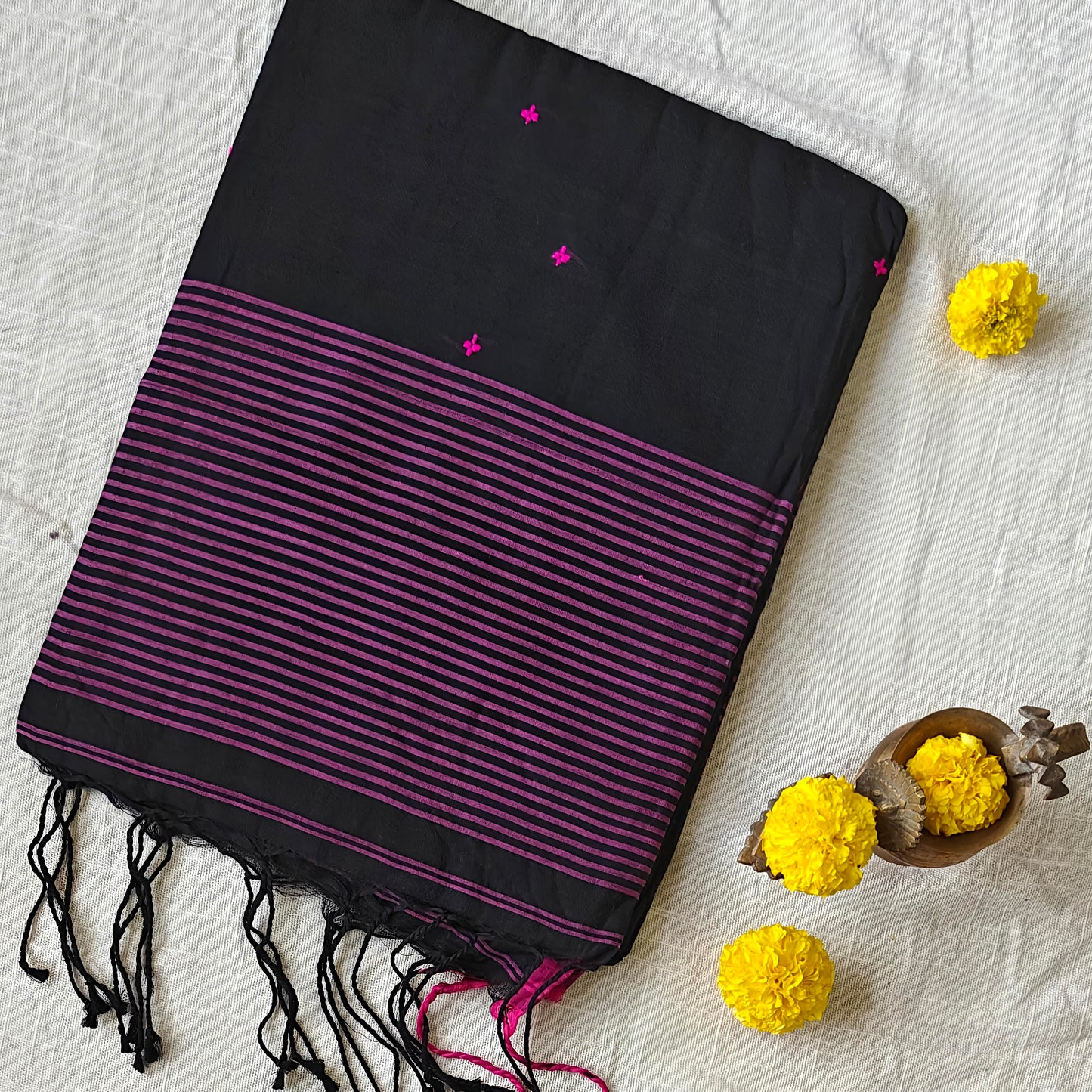 Black Soft Cotton Workwear Saree