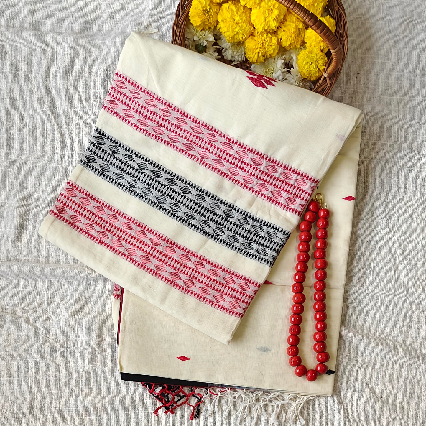 Ivory Cotton Red-Black Saree