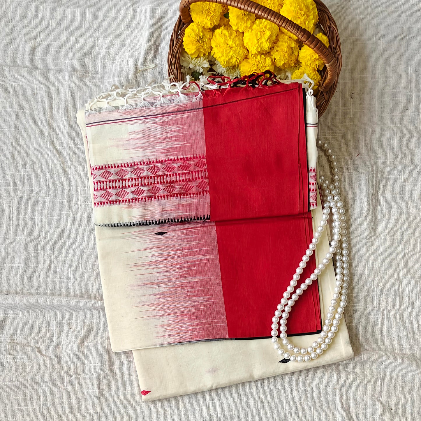 Ivory Cotton Red-Black Saree