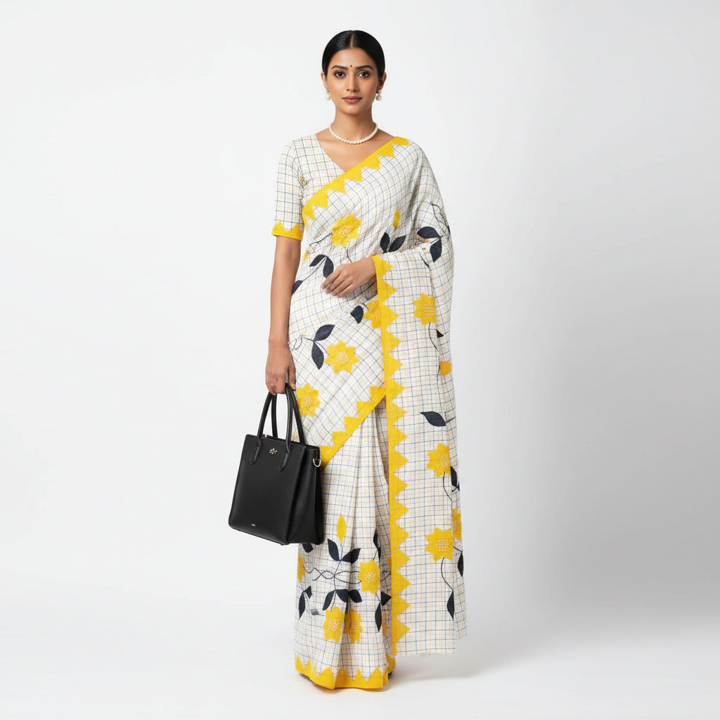 Fabric with yellow floral patterns on a checkered background