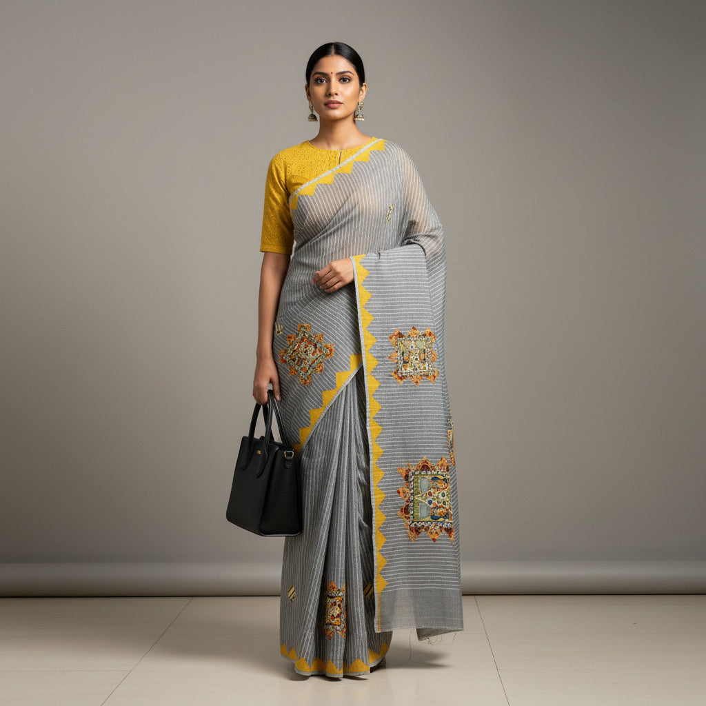 Decorative fabric with colorful patterns on a gray background