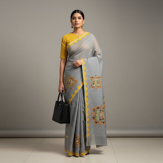 Decorative fabric with colorful patterns on a gray background