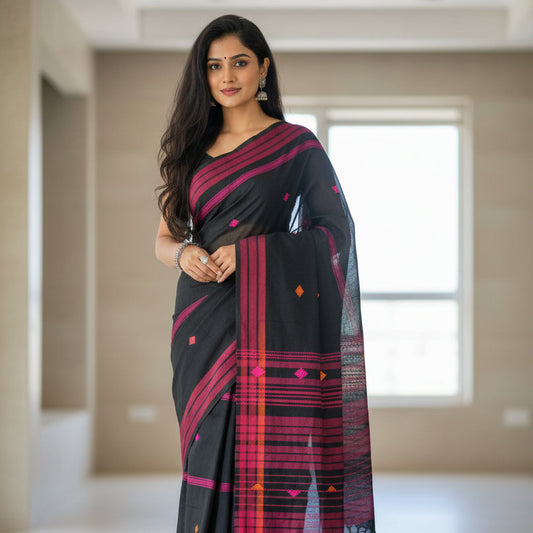 Black dhonekhali cotton saree