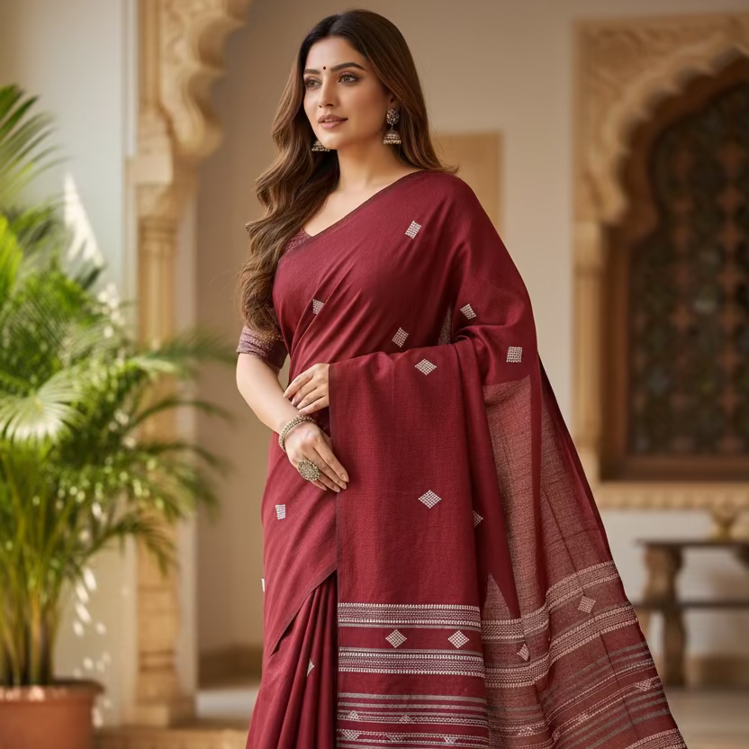 Maroon Dhonekhali Cotton Workwear Saree