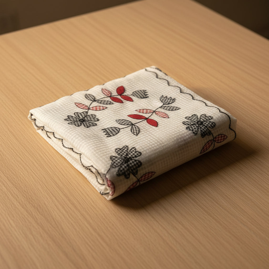 Floral patterned fabric on a white floor with a person's feet visible.