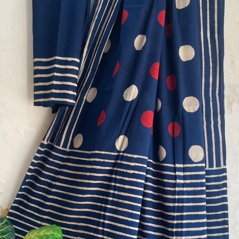 Navy blue saree with white stripes and red polka dots on a white background