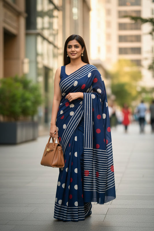Navy blue saree with white stripes and red polka dots on a white background
