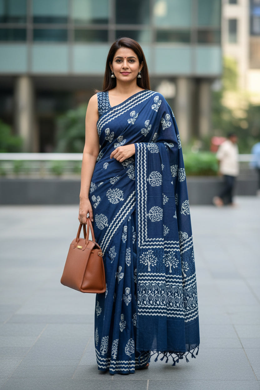 Navy blue fabric with white patterns on a beige background