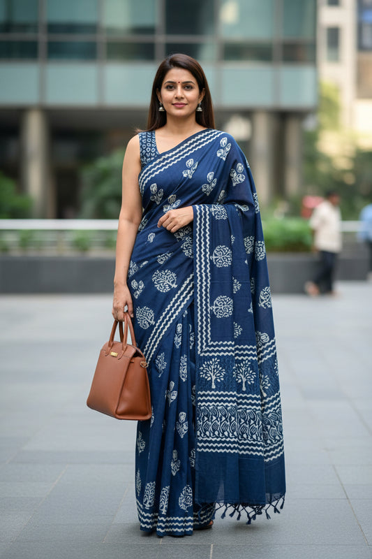 Navy blue fabric with white patterns on a beige background