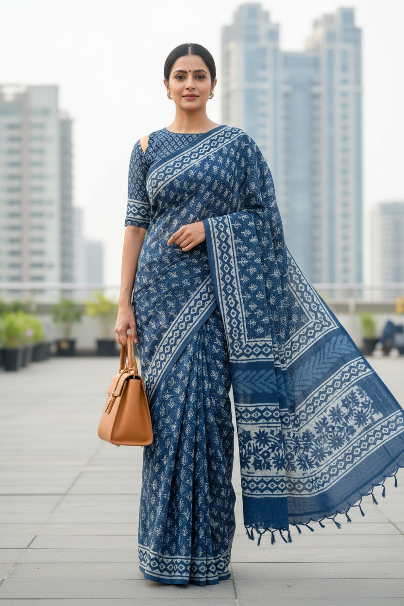 Blue patterned fabric with white border on a light background