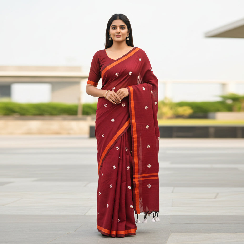 Parijat Maroon Khadi Cotton Saree