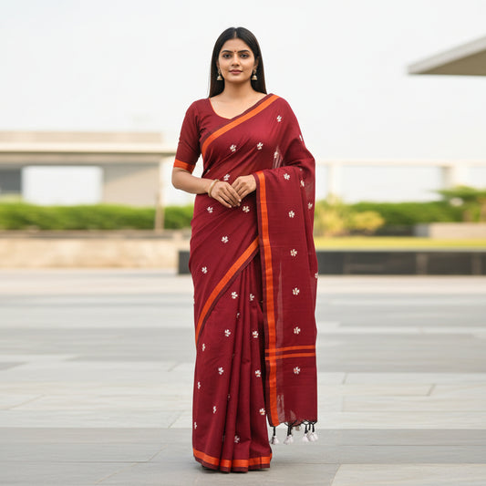 Parijat Maroon Khadi Cotton Saree