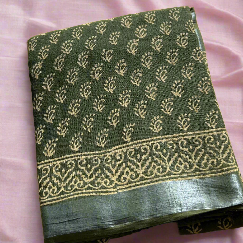 Mehndi green linen cotton kairi print