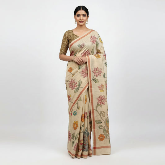 Beige Kalamkari Muga Cotton Silk Workwear Saree