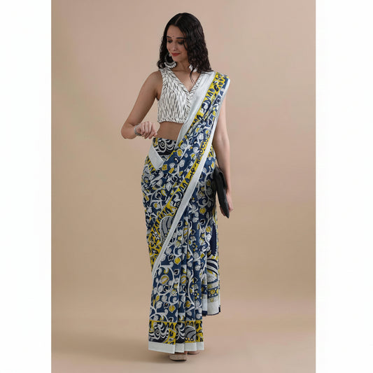 Blue Mul Cotton Kalamkari Workwear Saree