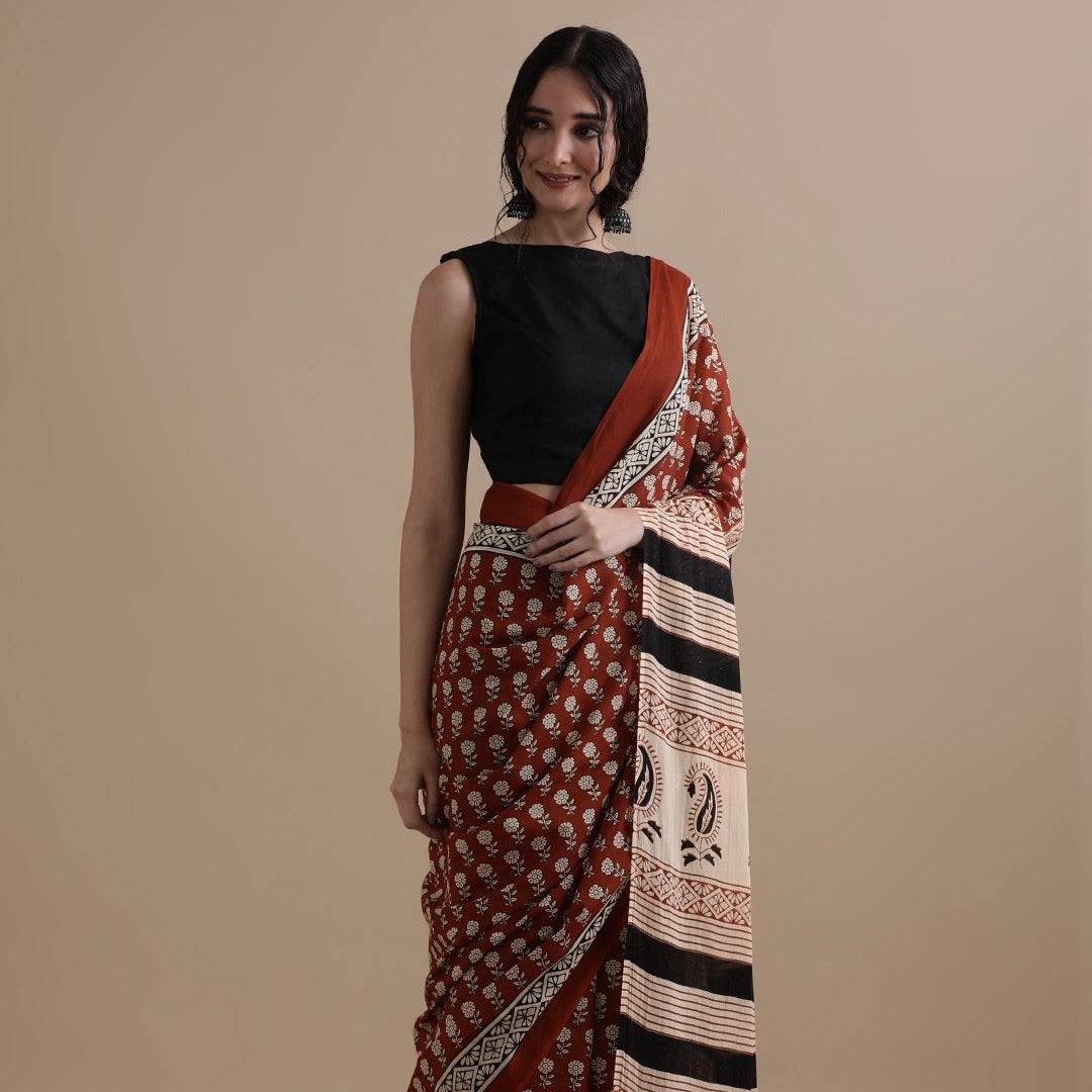 Brown Mul Cotton Workwear Saree