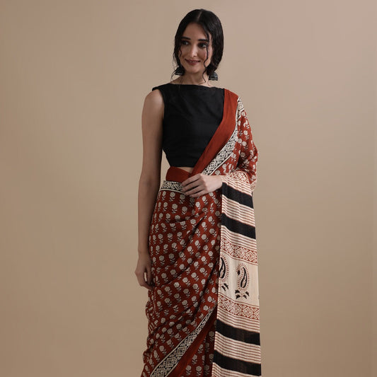 Brown Mul Cotton Workwear Saree