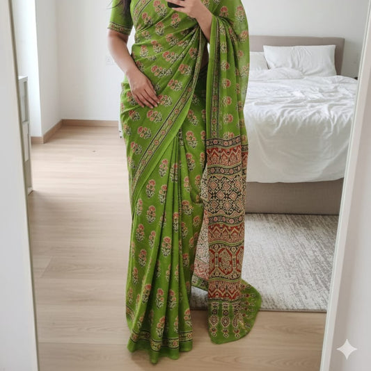 Green Handblock Mul Cotton Workwear Saree