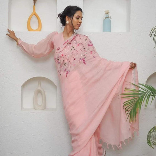 Baby Pink Linen Hand Embroidered Workwear Saree