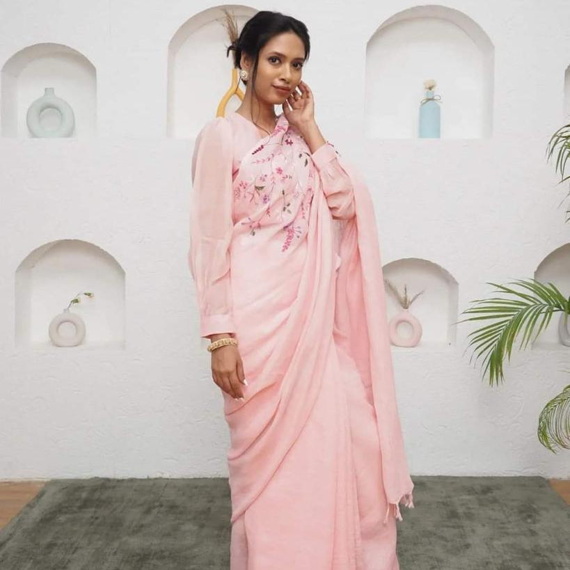 Baby Pink Linen Hand Embroidered Workwear Saree
