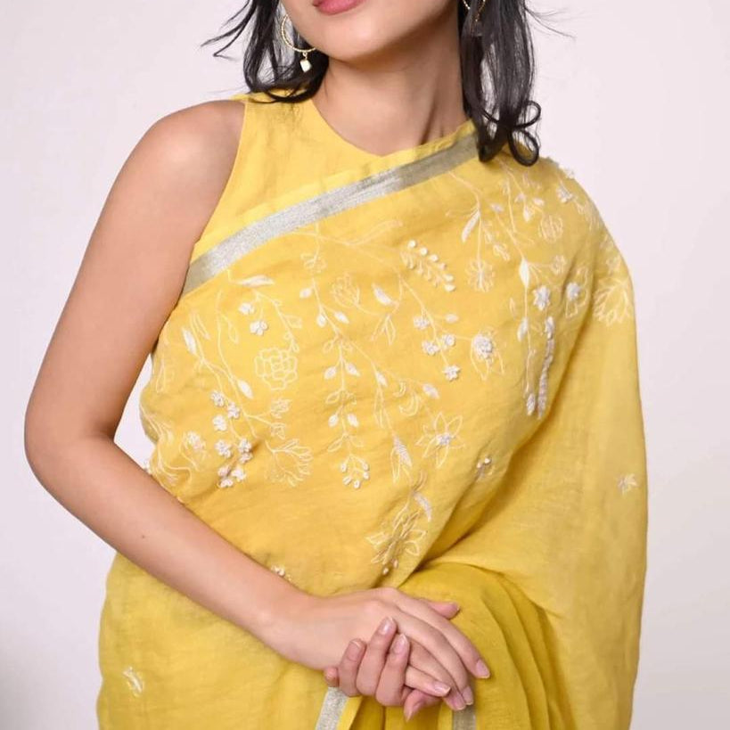 Yellow Linen Hand Embroidered Workwear Saree