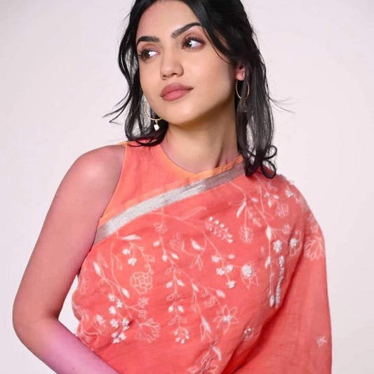 Peach Linen Hand Embroidered Workwear Saree