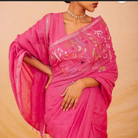 Pink Linen Hand Embroidered Workwear Saree