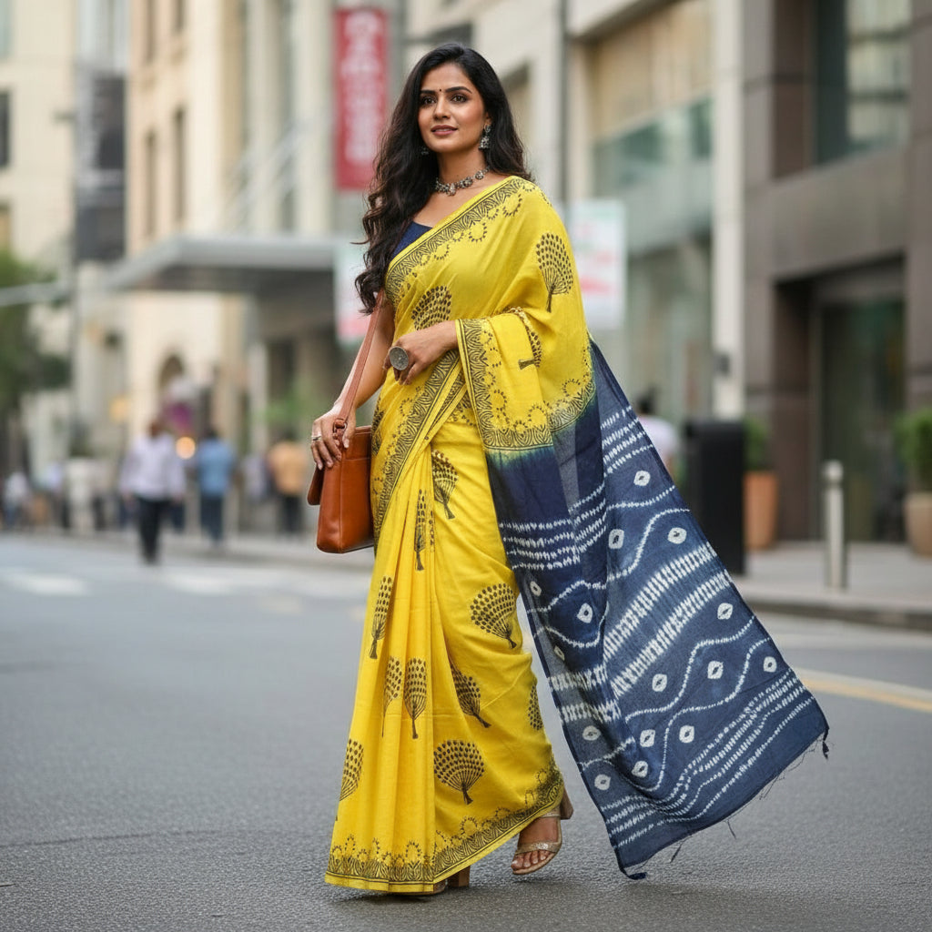 Yellow Mul Cotton Workwear Saree