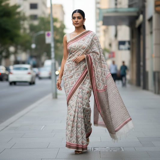 Beige printed cotton saree