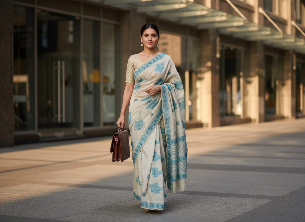 Beige-blue banarasi cotton