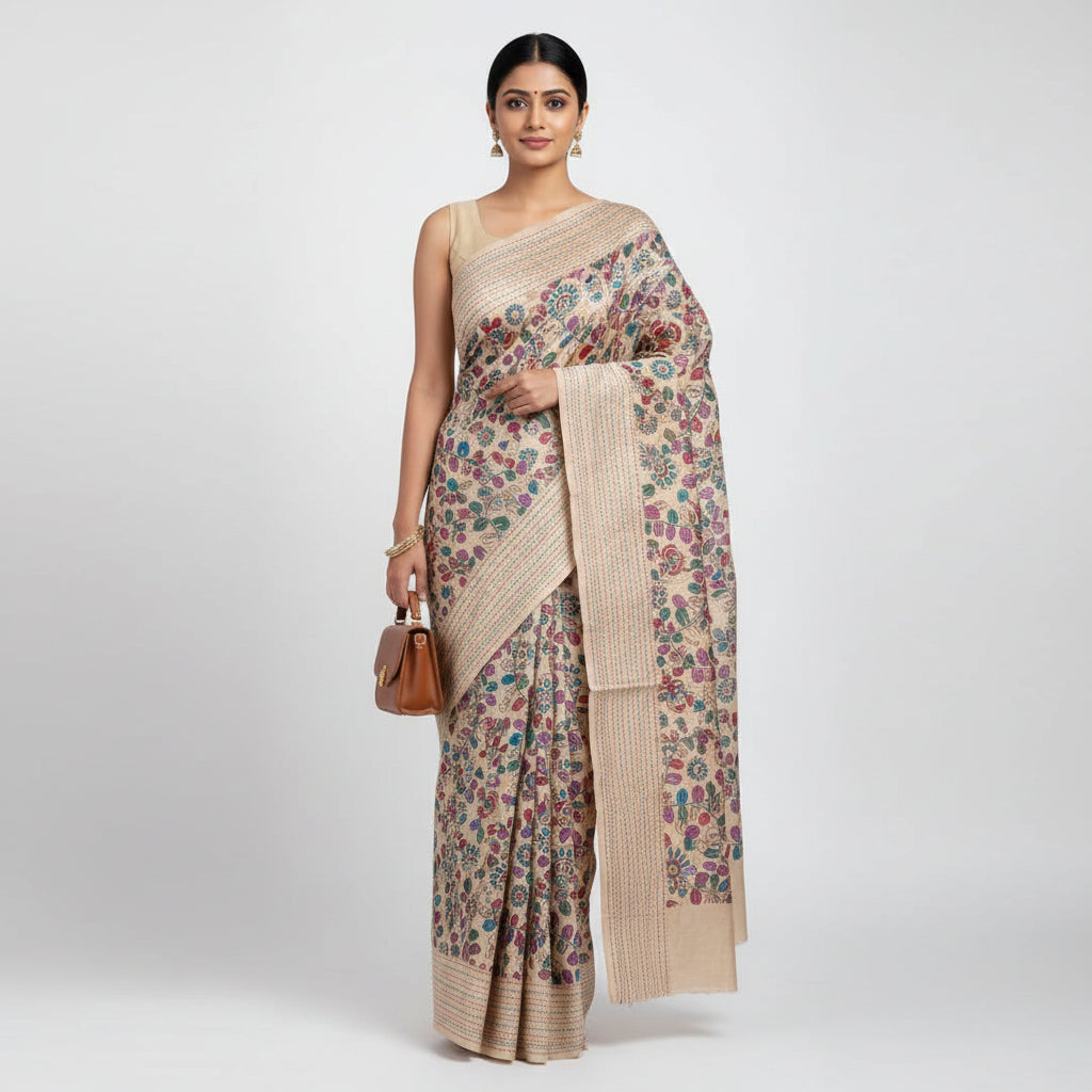 Beige-Rust Gicha Silk Kalamkari Workwear Saree