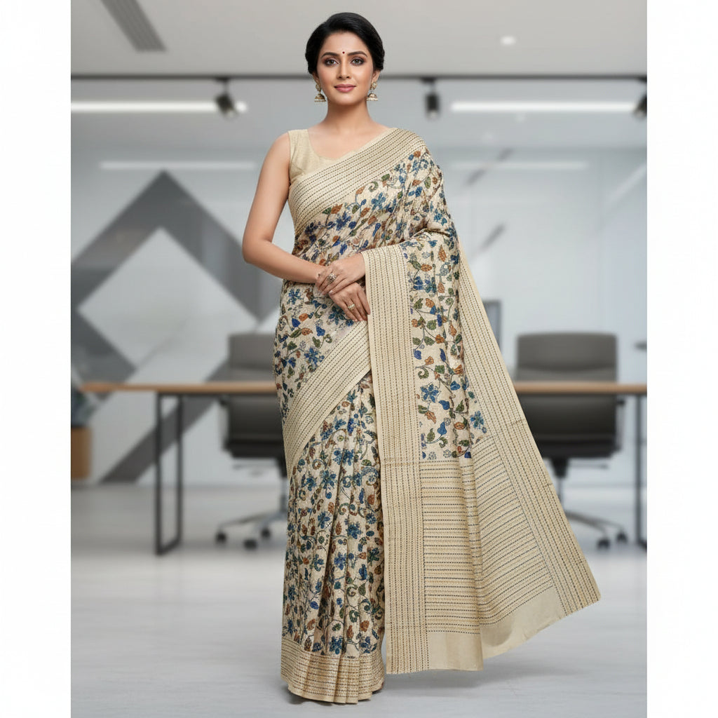 Beige-Navy Gicha Silk Kalamkari Workwear Saree