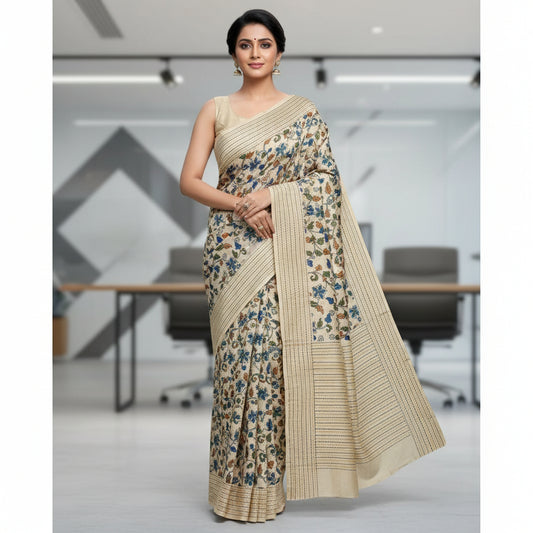 Beige-Navy Gicha Silk Kalamkari Workwear Saree