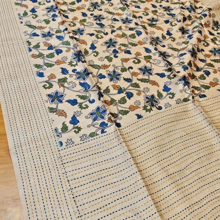 Beige-Navy Gicha Silk Kalamkari Workwear Saree