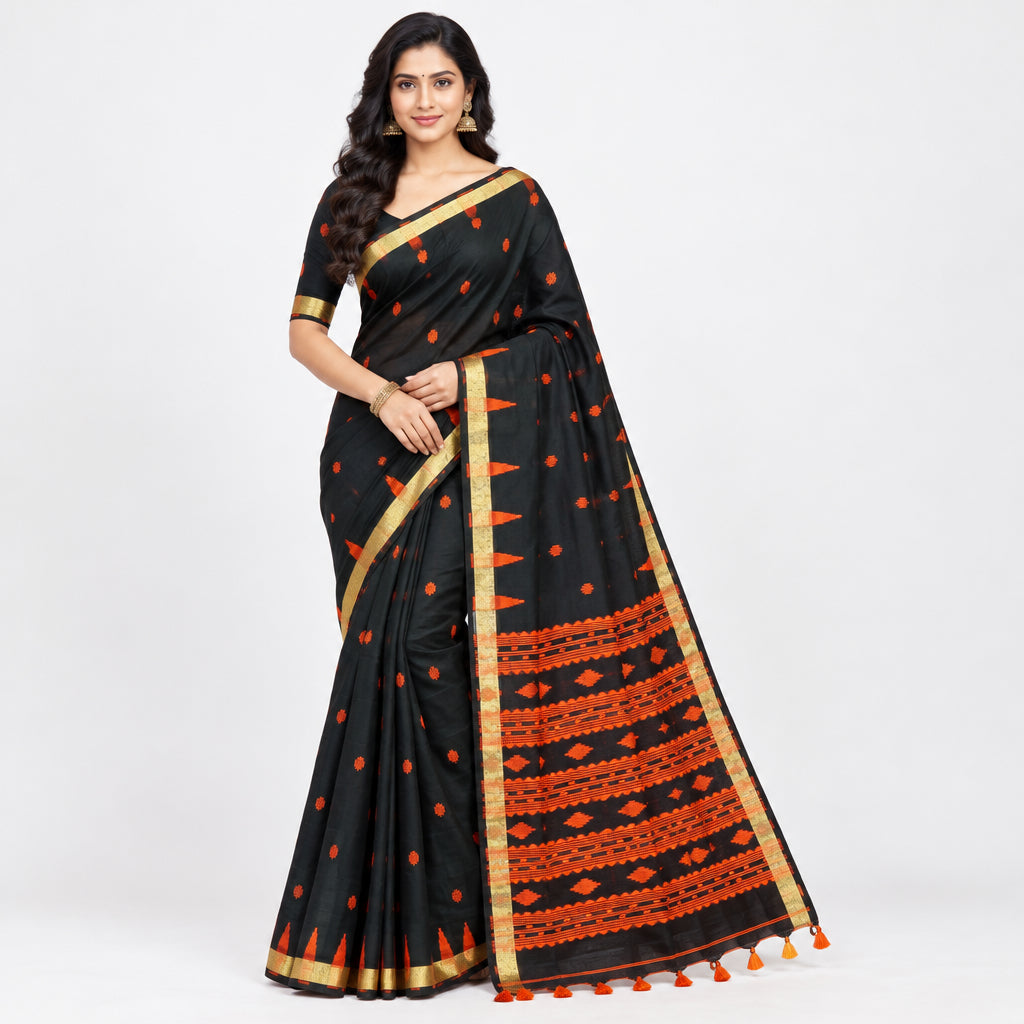 A black saree with orange and gold patterns
