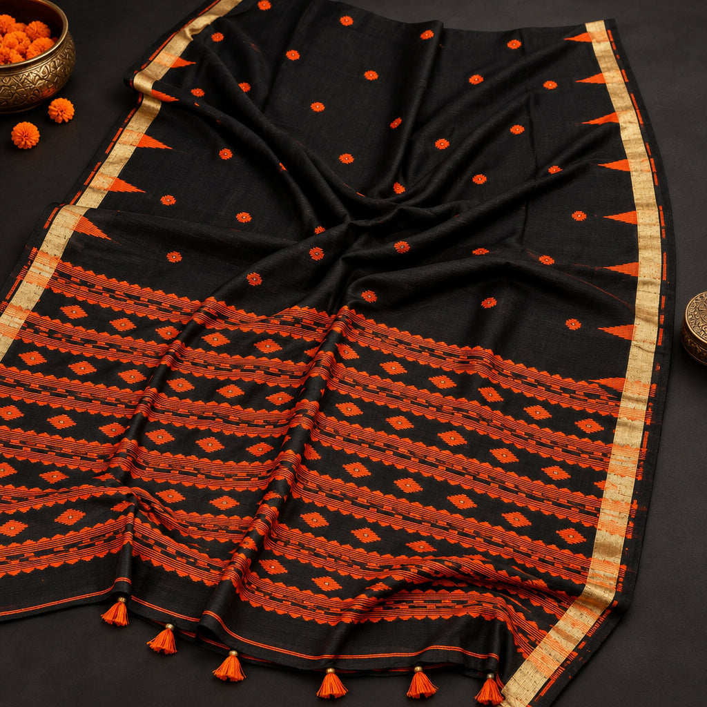 black organic linen saree